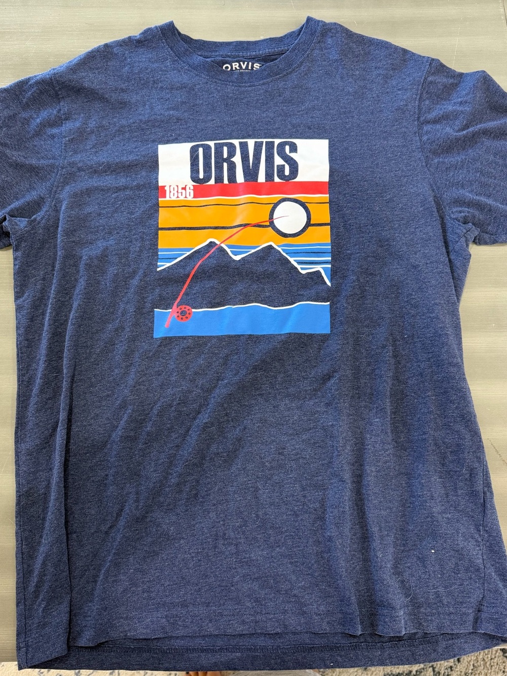 Orvis Navy Graphic Tee with Sunset Mountain Artwork